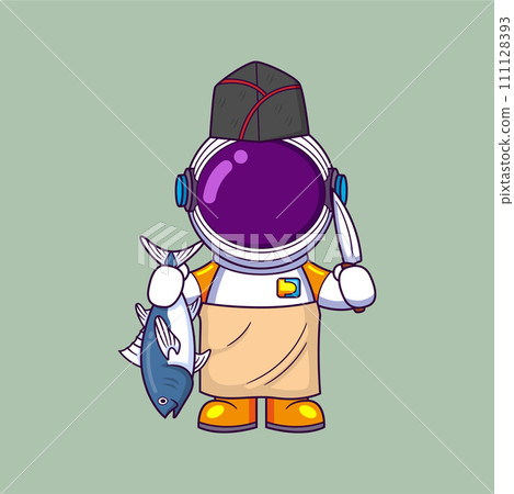 Astronaut holding knife and cook fish of illustration 111128393