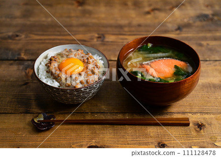 Natto rice and salmon miso soup 111128478