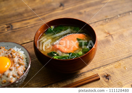 Natto rice and salmon miso soup 111128480
