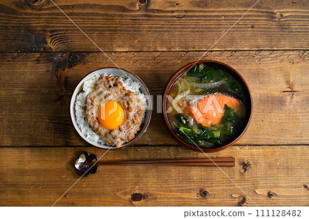 Natto rice and salmon miso soup 111128482