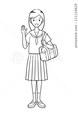 Junior high school girls wearing summer uniforms raising their hands in greeting (line drawing) 111128629