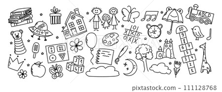 Set of daycare doodle. Book, hopscotch, toys, flower, umbrella, house, clock and other elements. Set of daycare doodle. Book, hopscotch, toys, flower, umbrella, house, clock and other elements. 111128768