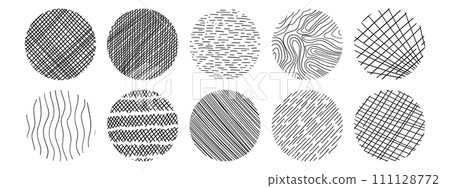 Line texture set with different hand drawn circle patterns. Vector scribble, horizontal and wave strokes collection. Line texture set with different hand drawn circle patterns. Vector scribble, horizontal and wave strokes collection. 111128772