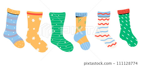 Baby socks with charming patterns and textures. Vector illustrations. Baby socks with charming patterns and textures. Vector illustrations. 111128774