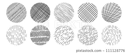 Set of textures with different hand drawn circle patterns. Vector scribble, horizontal and wave strokes collection. Set of textures with different hand drawn circle patterns. Vector scribble, horizontal and wave strokes collection. 111128776