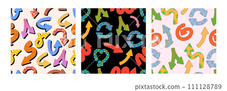 Naive playful arrows in trendy retro memphis style with vector texture. Direction indicators seamless pattern. Naive playful arrows in trendy retro memphis style with vector texture. Direction indicators seamless pattern. 111128789