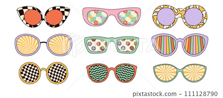 Groovy sunglasses set in retro hippie style. Vector illustrations isolated on white background. 111128790