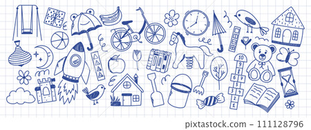 Set of kindergarten doodle elements. Horse, hopscotch, toys, rocket, umbrella, house, book and other elements. Scribbled with chalk texture. Set of kindergarten doodle elements. Horse, hopscotch, toys, rocket, umbrella, house, book and other elements. Scribbled with chalk texture. 111128796