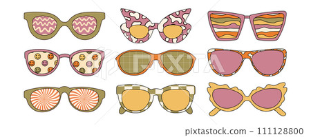 Groovy hippie sunglasses set. Vector illustrations isolated on white background. Groovy hippie sunglasses set. Vector illustrations isolated on white background. 111128800