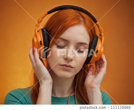 Close-up portrait of a young red-haired woman wearing orange headphones. 111128866