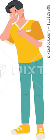 Allergy and Cold Prevention concept. man sneezing with tissue paper Allergy and Cold Prevention concept. man sneezing with tissue paper 111128909