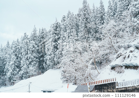 Beautiful view of Ginzan Onsen village with snow fall in winter season is most famous Japanese Hot Spring in Yamagata, Japan. 111129146