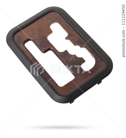 Wooden lining of a car gearbox selector on a white isolated background. Wooden lining of a car gearbox selector on a white isolated background. 111129450