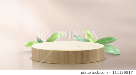 Round wooden 3d product podium with green leaf Round wooden 3d product podium with green leaf 111129817