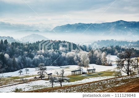 Winter landscape of field with mountains Winter landscape of field with mountains 111129848
