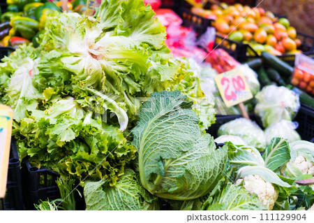 Cabbage vegetables for sale in open air farmers market, Italy Cabbage vegetables for sale in open air farmers market, Italy 111129904