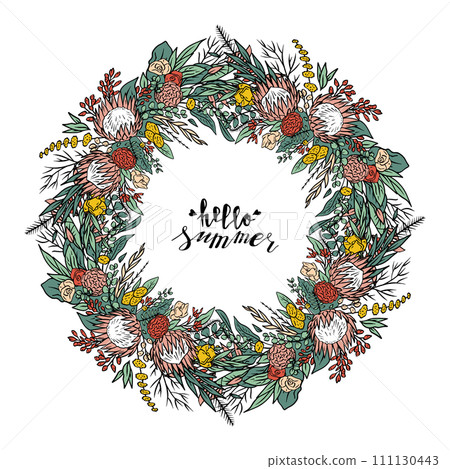 Hand drawn colorful line art tropical protea flower round frame 111130443