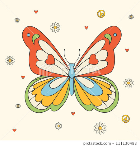Beautiful groovy butterfly vector hand drawn illustration. Stock pop clip art in Hippie 60s 70s style. Peace. Pacific. Beautiful groovy butterfly vector hand drawn illustration. Stock pop clip art in Hippie 60s 70s style. Peace. Pacific. 111130488
