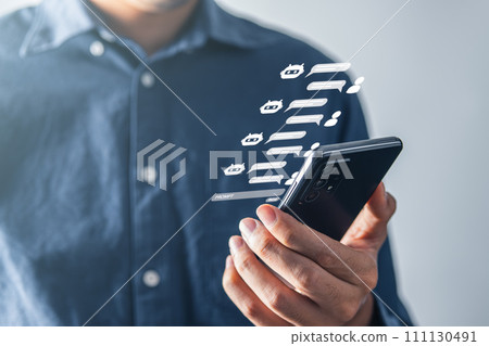 AI robotic Artificial Intelligence, businessman using AI chatbot for conversation with human. Futuristic technology and digital communication concept. AI robotic Artificial Intelligence, businessman using AI chatbot for conversation with human. Futuristic technology and digital communication concept. 111130491