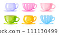 Colorful porcelain coffee tea cup mug glass on saucer cartoon flat set. Different shape cute sea shell drinkware tea party breakfast kitchen collection container icon isolated on white 111130499