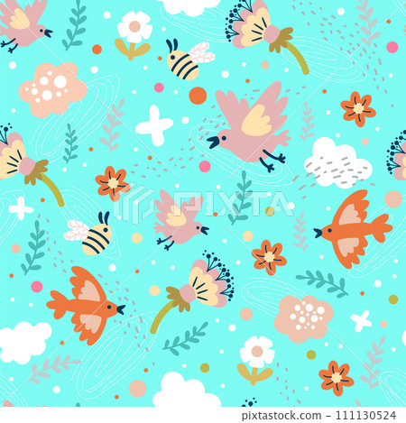 Seamless pattern birds and flowers vector Seamless pattern birds and flowers vector 111130524
