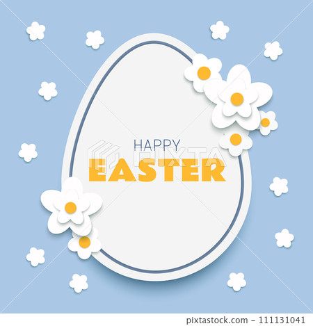 Easter paper cut square banner concept big egg decorated with white flowers on blue background 111131041