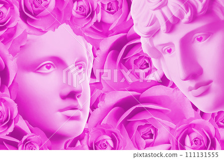 Valentine's day 14 february poster, banner, postcard, congratulations, zine with antique bust face, heart in cute design. Romantic relationship, love at first sight concept. Creative artwork collage. Valentine's day 14 february poster, banner, postcard, congratulations, zine with antique bust face, heart in cute design. Romantic relationship, love at first sight concept. Creative artwork collage. 111131555