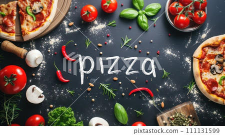 Calligraphy lettering - Pizza with pizza ingredients on black background. Template for restaurant, delivery, cafe 111131599