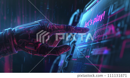 AI-generated content. Futuristic Hand Points to Let's Play Inscription 111131871