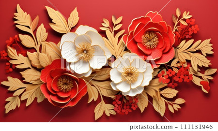 3d paper cut background. Abstract flowers in Chinese style. Concept for Lunar New Year holiday. 3d paper cut background. Abstract flowers in Chinese style. Concept for Lunar New Year holiday. 111131946