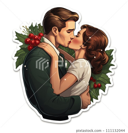 Kiss under the mistletoe, Christmas tradition. Cute couple kissing. In style of die-cut sticker. Retro style. Kiss under the mistletoe, Christmas tradition. Cute couple kissing. In style of die-cut sticker. Retro style. 111132044