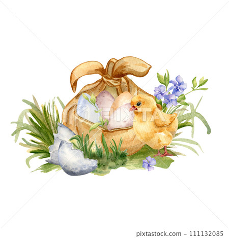 Easter watercolor illustration with eggs in bundle of fabric isolated on white. Egg shell and chick on grass hand painted for Easter design in neutral color. First blue spring flowers and little bird Easter watercolor illustration with eggs in bundle of fabric isolated on white. Egg shell and chick on grass hand painted for Easter design in neutral color. First blue spring flowers and little bird 111132085