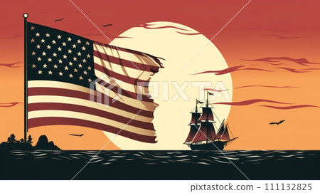 Happy Columbus day - american national holiday. Flag of USA and sailing ship caravel Santa Maria. Vintage style. 111132825