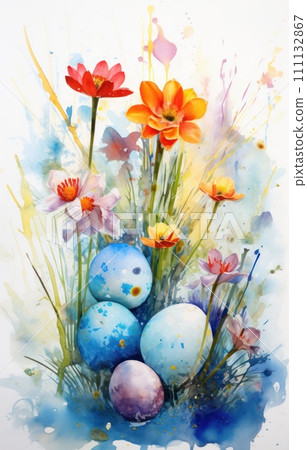 Watercolor painted Easter eggs in grass with flowers. Happy Easter concept illustration. Watercolor painted Easter eggs in grass with flowers. Happy Easter concept illustration. 111132867