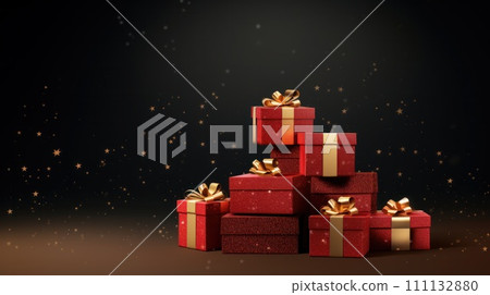 Stack of Christmas gift boxes. Holiday celebration concept. On beautiful defocused bokeh background with copyspace for your text. Red and gold colored. 111132880