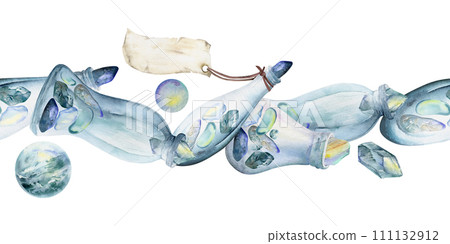 Hand drawn watercolor sea witch altar objects. Glass vials blank tag, empty and with precious stones. Seamless banner isolated on white background. Design for print, shop, magic, medicine, chemistry Hand drawn watercolor sea witch altar objects. Glass vials blank tag, empty and with precious stones. Seamless banner isolated on white background. Design for print, shop, magic, medicine, chemistry 111132912