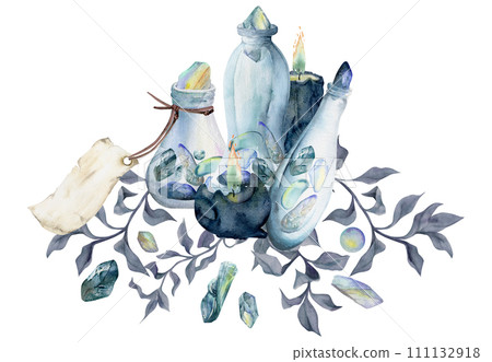 Hand drawn watercolor illustration sea witch altar objects. Glass vial jar blank tag, precious stones, burning candle algae leaves. Composition isolated on white background. Design print, shop, magic Hand drawn watercolor illustration sea witch altar objects. Glass vial jar blank tag, precious stones, burning candle algae leaves. Composition isolated on white background. Design print, shop, magic 111132918