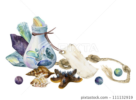 Hand drawn watercolor illustration sea witch altar objects. Glass vial blank tag, precious stones knot rope shell starfish beads Composition isolated on white background. Design for print, shop, magic Hand drawn watercolor illustration sea witch altar objects. Glass vial blank tag, precious stones knot rope shell starfish beads Composition isolated on white background. Design for print, shop, magic 111132919