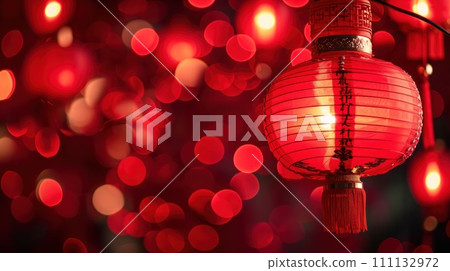 Lunar New Year holiday background. Red Chinese lanterns on beautiful bokeh background with copyspace for your greetings text. Lunar New Year holiday background. Red Chinese lanterns on beautiful bokeh background with copyspace for your greetings text. 111132972