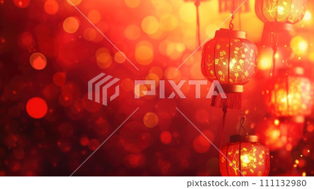 Lunar New Year holiday background. Red Chinese lanterns on beautiful bokeh background with copyspace for your greetings text. 111132980