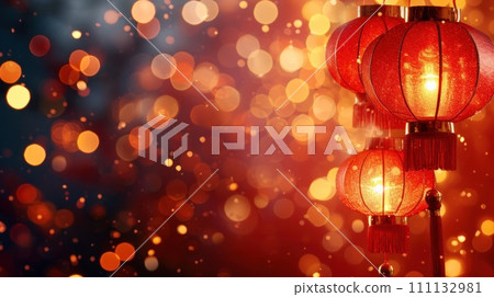 Lunar New Year holiday background. Red Chinese lanterns on beautiful bokeh background with copyspace for your greetings text. 111132981