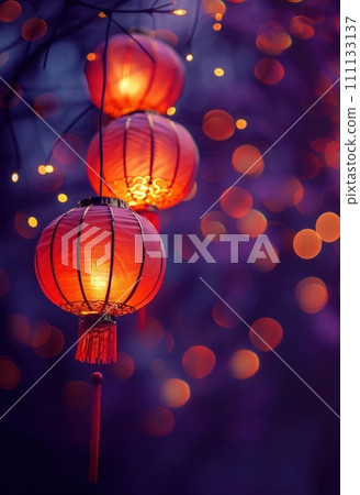 Lunar New Year holiday background. Red Chinese lanterns on beautiful bokeh background with copyspace for your greetings text. 111133137
