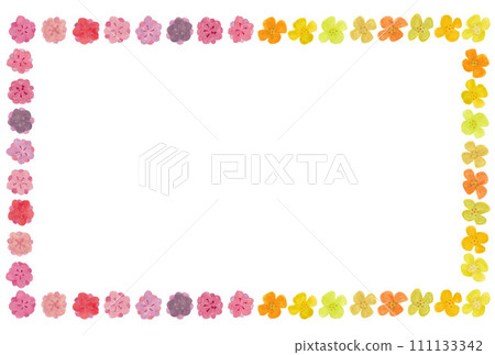 Frame illustration A of peach and leaf flowers in two horizontal rows, top and bottom, drawn with transparent watercolors 111133342