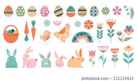 Happy Easter collection of illustrations, icons, symbols and graphic elements. Pastel color set with 111133422
