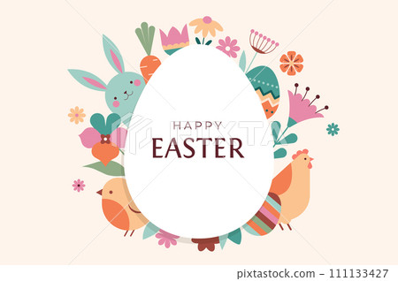 Happy Easter floral background, Easter egg card, framed banner design 111133427