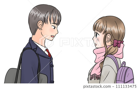 High school boy and high school girl couple looking at each other in a good atmosphere High school boy and high school girl couple looking at each other in a good atmosphere 111133475