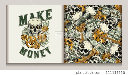 Pattern, label with human skull, cash money, 100 US dollar bills, gold gear mechanism, bike chain. Creative concept of making money. For prints, clothing, apparel, surface design. Not AI 111133630