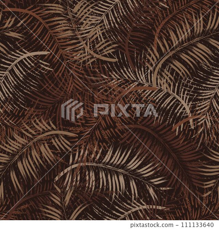 Seamless brown camo pattern with tropical foliage, palm leaves. Paint brush strokes. Grunge abstract style. For apparel, fabric, textile, sport goods. NOT AI Seamless brown camo pattern with tropical foliage, palm leaves. Paint brush strokes. Grunge abstract style. For apparel, fabric, textile, sport goods. NOT AI 111133640