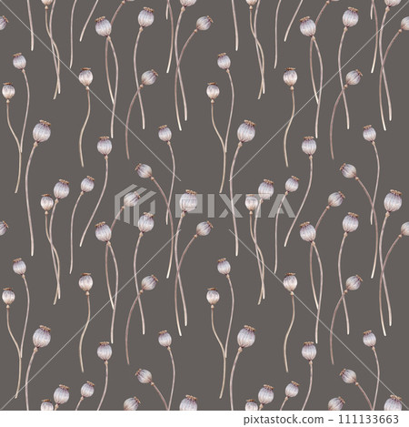Seamless pattern watercolor illustrations of dry poppy seed boxes and tender botanical for Easter designs. Colorful watercolor plant illustration on a isolated on white background Seamless pattern watercolor illustrations of dry poppy seed boxes and tender botanical for Easter designs. Colorful watercolor plant illustration on a isolated on white background 111133663