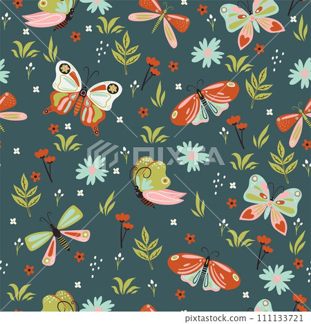 Seamless pattern with butterflies and flowers.... - Stock Illustration ...